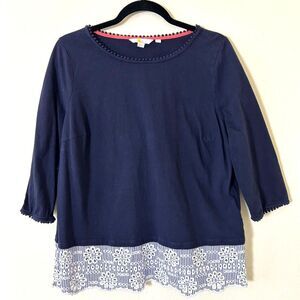Boden Shirt Women's 12 Navy Blue Embroidered Floral Hem Cotton spring